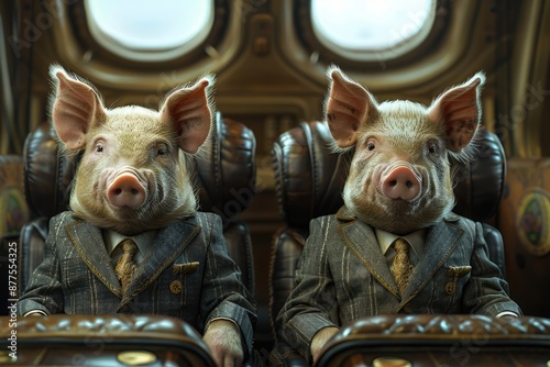 Pigs in business suits fly business class on a modern jet plane photo