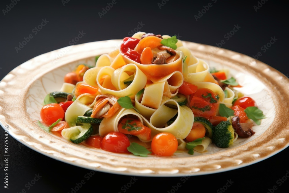 Elegant presentation of fettuccine pasta with colorful vegetables on a white plate Elegant presentation of fettuccine pasta with colorful vegetables on a white plate
