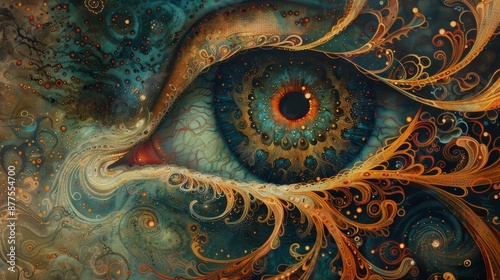 cosmic wisdom, a symbolic eye representing all-knowing wisdom oversees the realm of existence, a mystical depiction of universal enlightenment photo