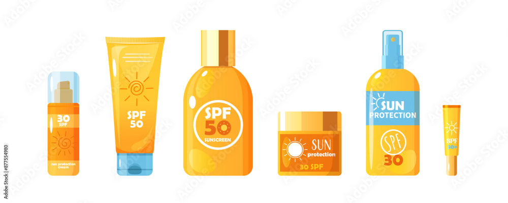 Sunscreen cosmetic bottles varieties isolated on white background.
Sunscreen cosmetic bottles varieties isolated on white background.