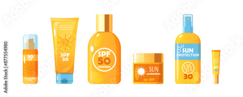 Sunscreen cosmetic bottles varieties isolated on white background. 
