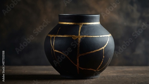 A black pottery with gold Kintsugi repairs showcasing the beauty of imperfection in traditional Japanese craftsmanship. photo