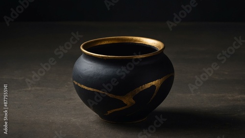 A refined black pottery vase highlighted with golden accents, embodying traditional craftsmanship and elegant design. photo