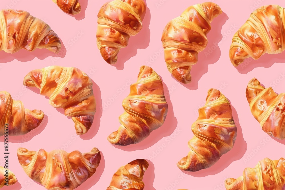 A pattern of croissants on a pink background. french croissant, croissant. Ultra realistic. Photorealistic A pattern of croissants on a pink background. french croissant, croissant. Ultra realistic. Photorealistic