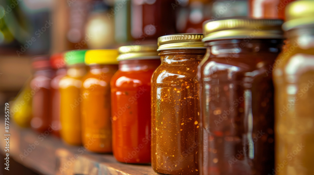 Glass Jars: Containing various sauces such as tomato sauce, mustard, barbecue sauce, mayonnaise, and chili sauce, each jar distinct in color and texture.
Glass Jars: Containing various sauces such as tomato sauce, mustard, barbecue sauce, mayonnaise, and chili sauce, each jar distinct in color and texture.