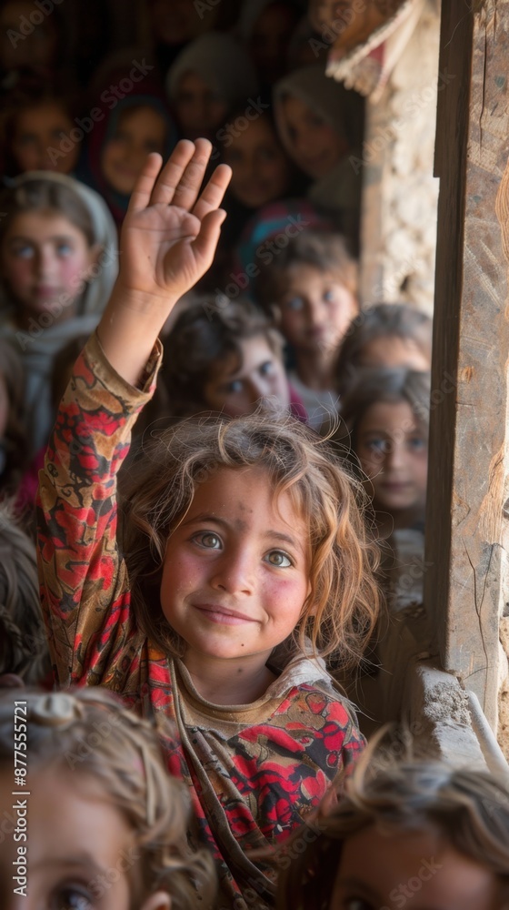 Young girl waving her hand in front of a crowd Young girl waving her hand in front of a crowd