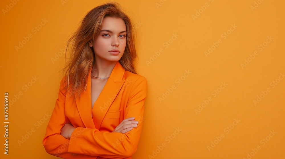Confident Woman in Bright Orange Blazer Against Orange Background Confident Woman in Bright Orange Blazer Against Orange Background