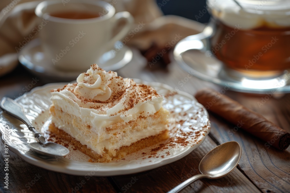A plate of catalan cream with a spoon on a wooden table and a cuban cigar. Cake Slice,Pastry,Bubble Tea. A plate of catalan cream with a spoon on a wooden table and a cuban cigar. Cake Slice,Pastry,Bubble Tea.
