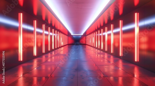 Futuristic tunnel with vibrant red neon lights creating a mesmerizing and modern ambiance, perfect for technology-themed projects. © Montri