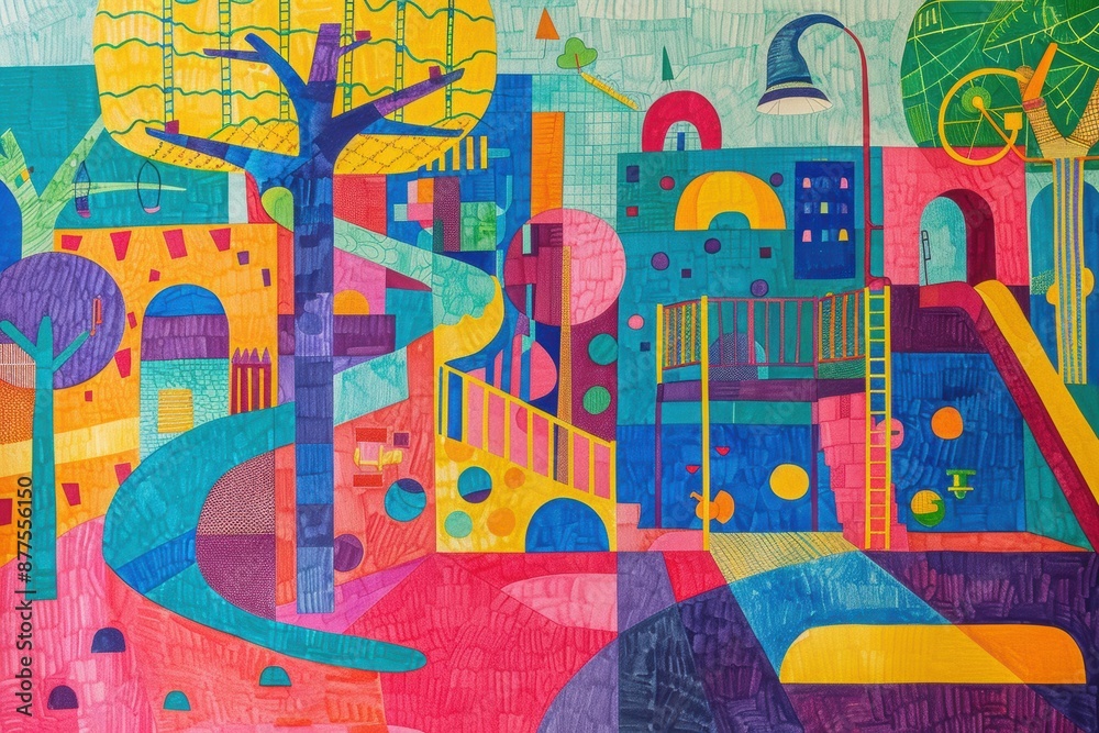 Obraz premium A playful, colorful drawing of a children's playground 