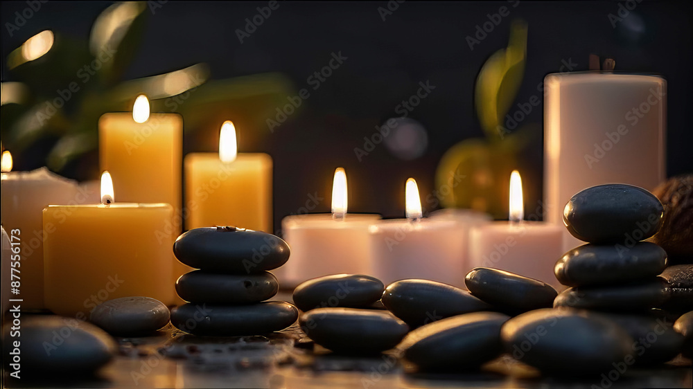 Candles and various spa products close-up, flower pots and spa stones, cozy and emotional atmosphere, Candles and various spa products close-up, flower pots and spa stones, cozy and emotional atmosphere,