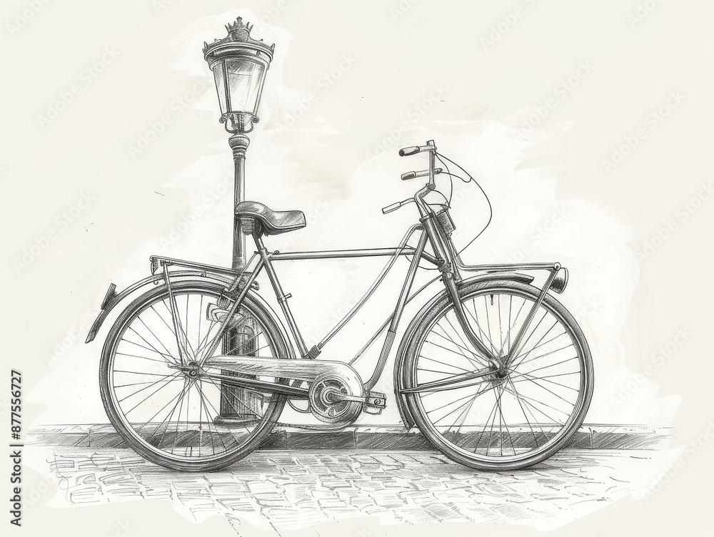 Obraz premium A line drawing of a vintage bicycle, leaning against an old-fashioned lamppost