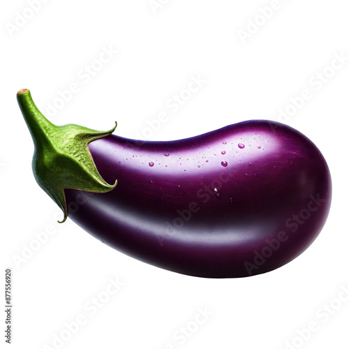 A charming eggplant with a glossy purple skin and fresh green cap, dotted with water droplets, isolated on a transparent background