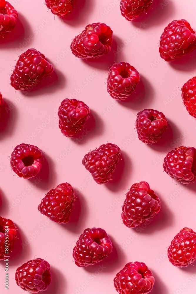 Top view of a fresh red raspberries on a pastel pink background. Top view of a fresh red raspberries on a pastel pink background.