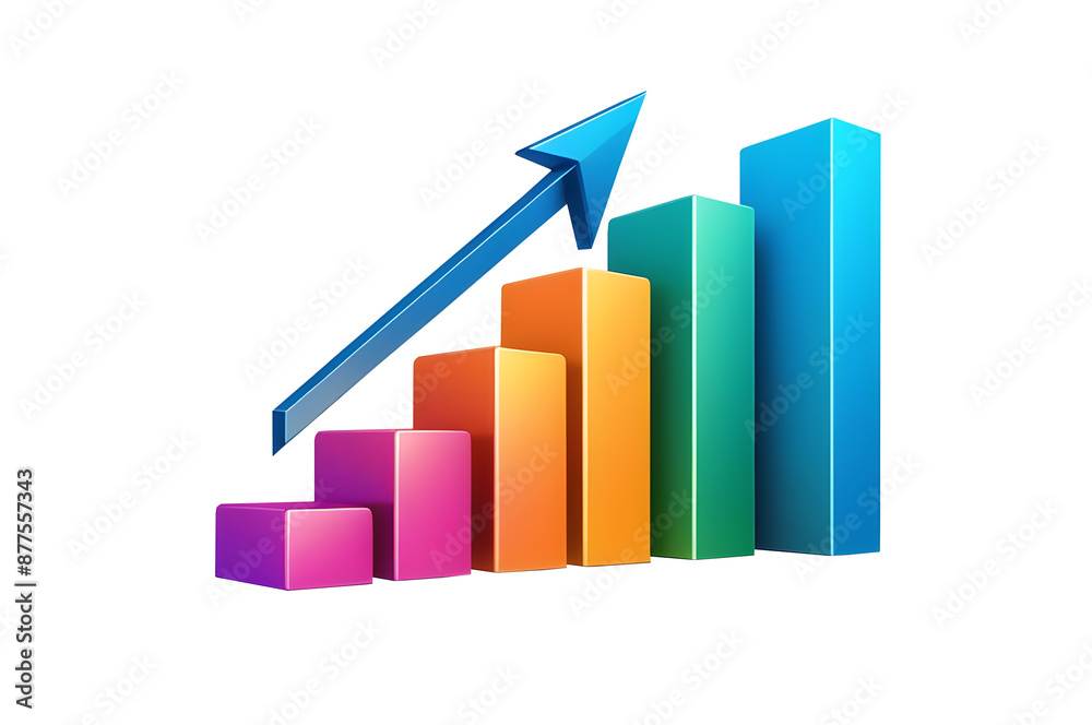 Minimalist 3D data analysis icon showcasing soaring finances and strengthening currency with a bar graph and arrow. Transparent background ideal for business and finance presentations. Minimalist 3D data analysis icon showcasing soaring finances and strengthening currency with a bar graph and arrow. Transparent background ideal for business and finance presentations.