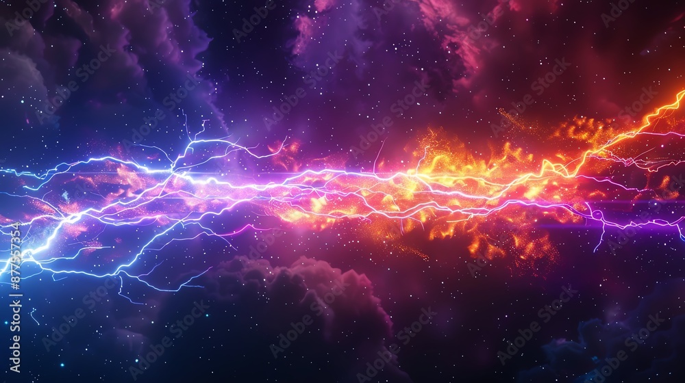 Vivid explosion of electric currents and cosmic colors in the night sky, creating a stunning visual of power and energy. Vivid explosion of electric currents and cosmic colors in the night sky, creating a stunning visual of power and energy.