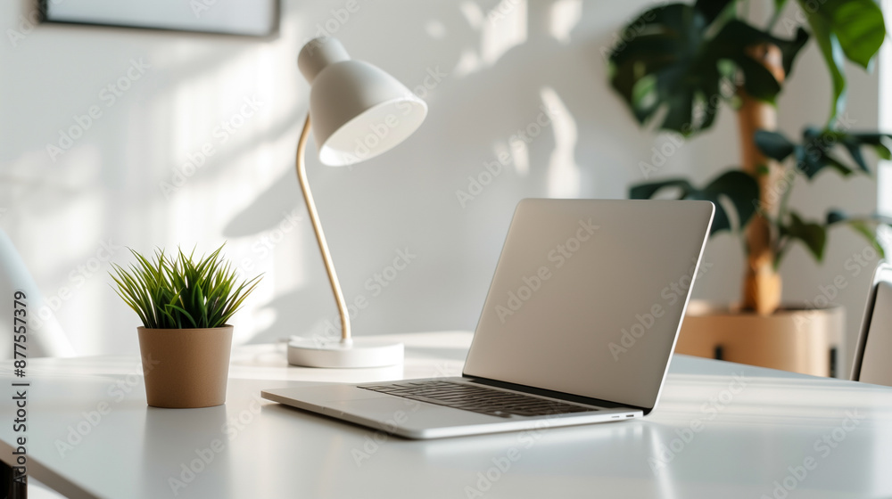 Fototapeta premium A laptop is on a table next to a potted plant