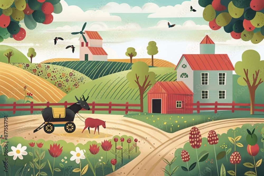 A playful, colorful illustration of a farm scene A playful, colorful illustration of a farm scene