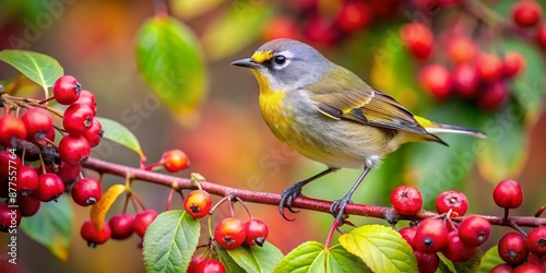 A Tiny Bird Perched on a Branch with Red Berries, Bird Photography, Colorful Bird, Nature Photography, Wildlife Photography, Red Berries, Birdwatching, Bird in Autumn, Fall Colors photo