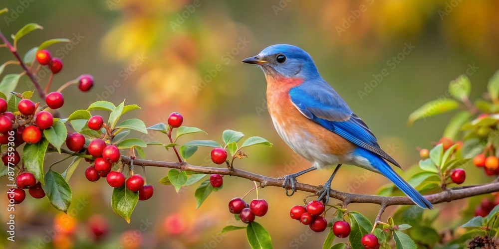 Fototapeta premium Eastern Bluebird Perched on a Branch with Red Berries, Close-up Photography, Blue Bird, Red Berries, Birdwatching, Nature