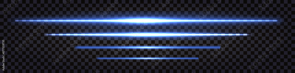 Fototapeta premium Blue neon glowing lines, light glow effect borders or dividers, laser beams luminous sticks. Isolated on transparent background. Vector illustration