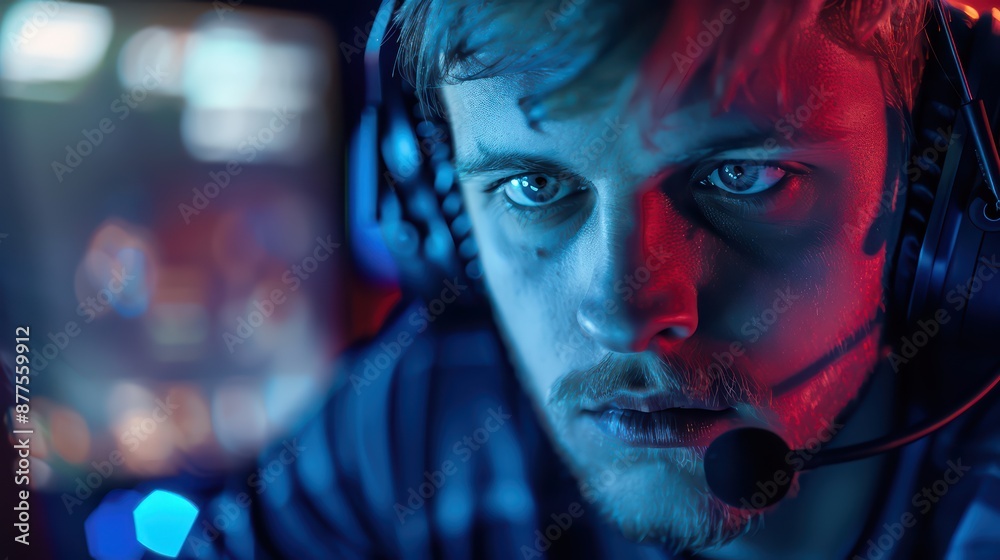 A professional esports player intensely focused on his game during a high-stakes tournament