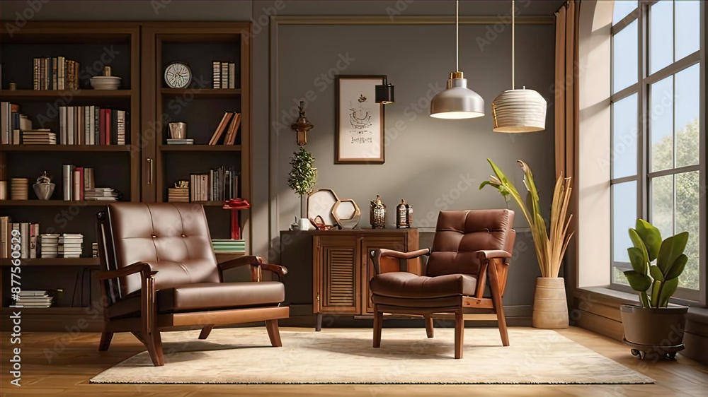Fototapeta premium Modern retro home decor with stylish living room with armchair, wooden bookcase,