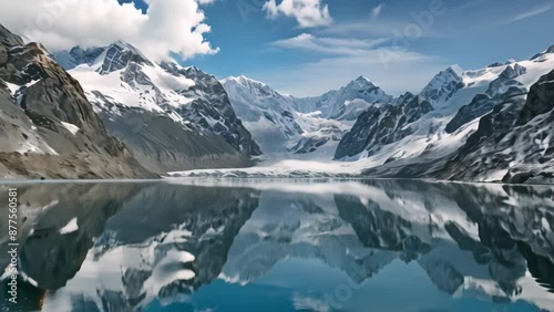 Icy blue lake mirrors snowcapped mountains under cloudy sky, Icy blue lake reflecting snow-capped mountains photo