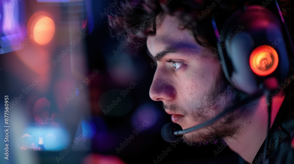 A professional esports player intensely focused on his game during a high-stakes tournament A professional esports player intensely focused on his game during a high-stakes tournament