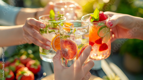 A telephoto angle photo of friends clinking glasses of homemade fruit-infused water at a cookout, celebrating hydration and healthy beverage choices, environmental scientists, engi photo