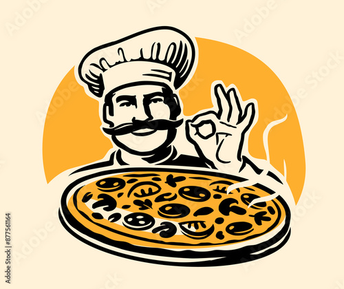 Chef cook presenting delicious pizza. Fast food restaurant, Italian cuisine logo or emblem. Drawing vector illustration