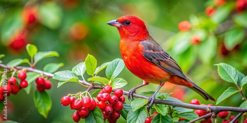Red Bird Perched on Branch with Berries, bird , nature , red , branches Red Bird Perched on Branch with Berries, bird , nature , red , branches