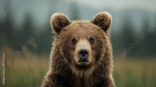 A close-up portrait of a grizzly bear in a green Alaskan landscape