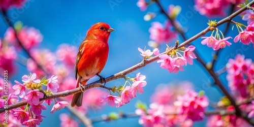 Red Bird Perched on Pink Blossom Branch, Spring, Cherry Blossoms, Nature, Birdwatching