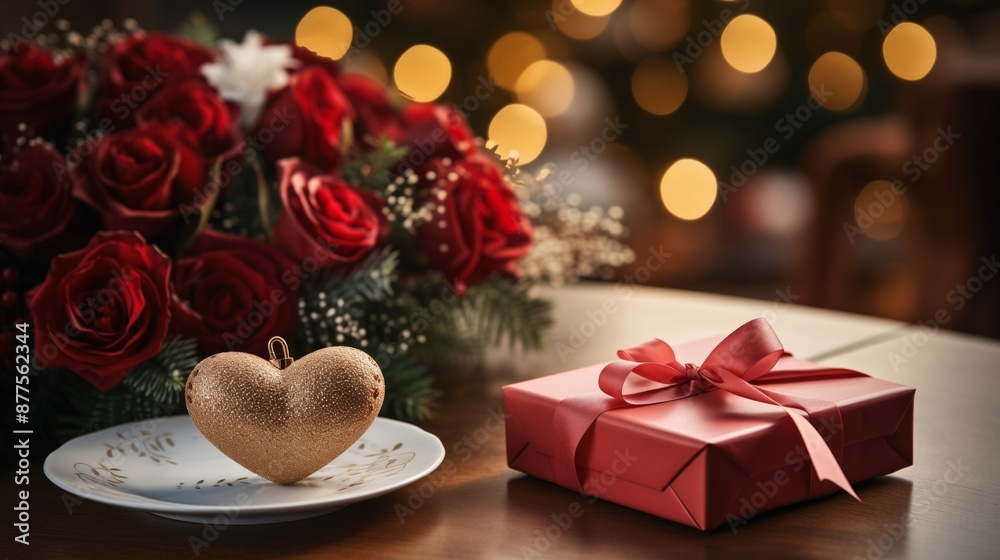 Romantic setup with red roses, a heart ornament on a plate, and a gift box tied with a ribbon.