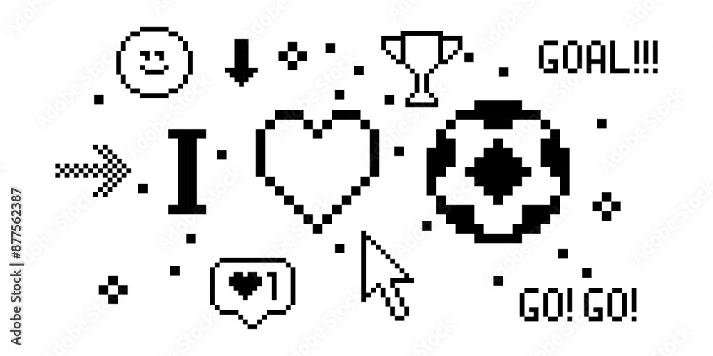 Soccer pixel art 8 bit design. Football. Love sport banner concept. Composition with soccer ball, heart, text Goal. Pixels Y2k trendy playful sticker. Mood of 90's aesthetics. Simple geometric form Soccer pixel art 8 bit design. Football. Love sport banner concept. Composition with soccer ball, heart, text Goal. Pixels Y2k trendy playful sticker. Mood of 90's aesthetics. Simple geometric form