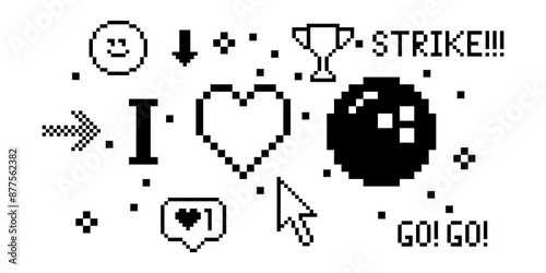 Bowling pixel art 8 bit design. Sport banner concept. Composition with bowling ball, heart, text Strike. Pixels Y2k trendy playful sticker. Mood of 90's aesthetics. Simple geometric form