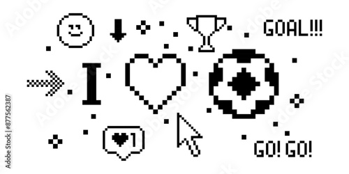 Soccer pixel art 8 bit design. Football. Love sport banner concept. Composition with soccer ball, heart, text Goal. Pixels Y2k trendy playful sticker. Mood of 90's aesthetics. Simple geometric form
