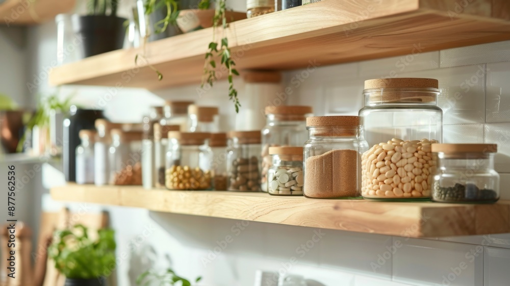 A neatly organized kitchen pantry with various transparent food containers on wooden shelves, A neatly organized kitchen pantry with various transparent food containers on wooden shelves,