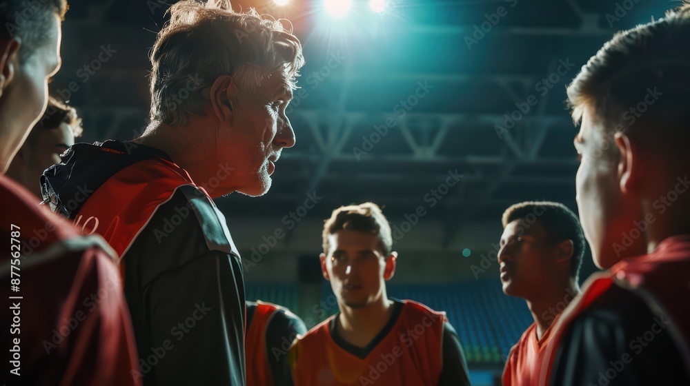 Fototapeta premium A team coach giving a pep talk to players before a crucial match