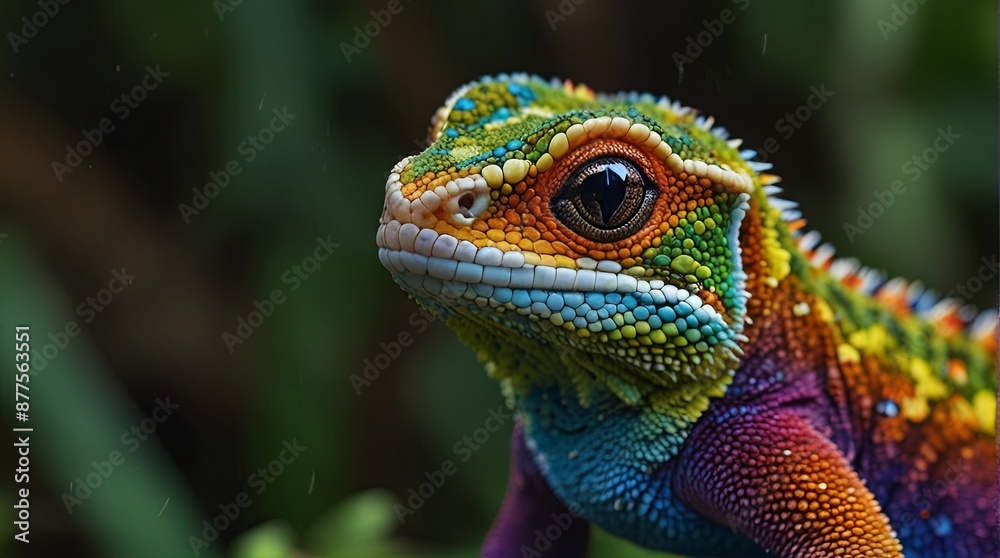 Obraz premium A colorful lizard with intricate scales and a large eye looks directly at the camera, showcasing its vibrant colors and unique texture