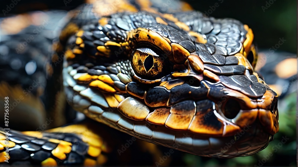 Obraz premium A black and yellow snake with a golden eye stares into the camera