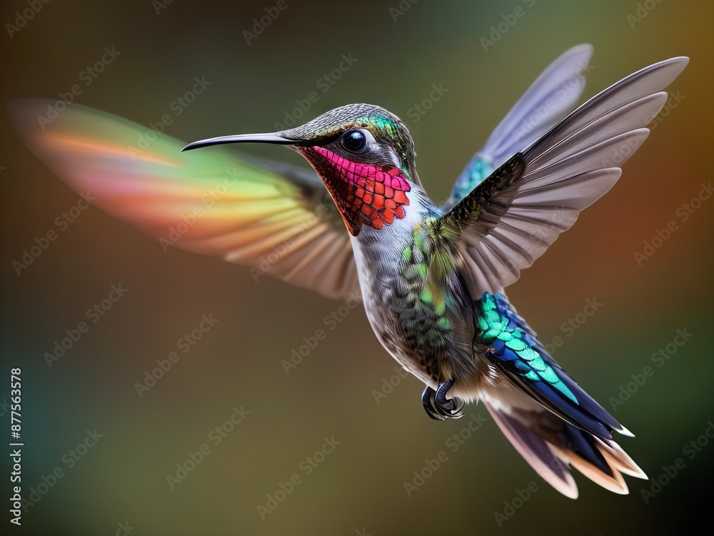 Fototapeta premium A colorful hummingbird with iridescent feathers flies with its wings outstretched, against a blurred green background