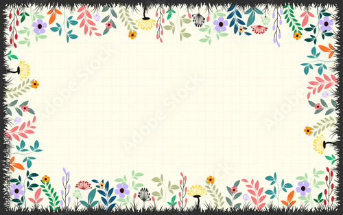 Floral ornamental decorative frame border presentation slide colorful summer flowers leaves branches autumn photo frame vector background page wallpaper