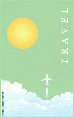 Travel abstract summer vertical poster cover card banner minimal vector illustration graphic design with sky clouds sun aeroplane holiday vacation travel tour background