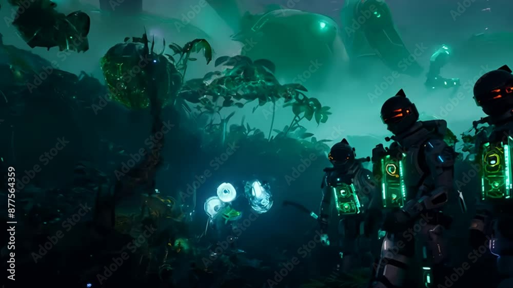 Dark Green Water World Video Game Characters Explore Underwater Cave
