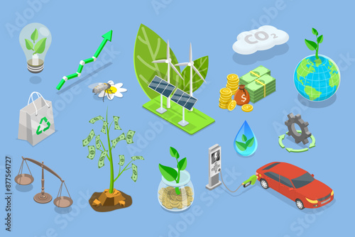 3D Isometric Flat Vector Set of Sustainable Investment Elements, Ethical Business, Green and Environmental Goals