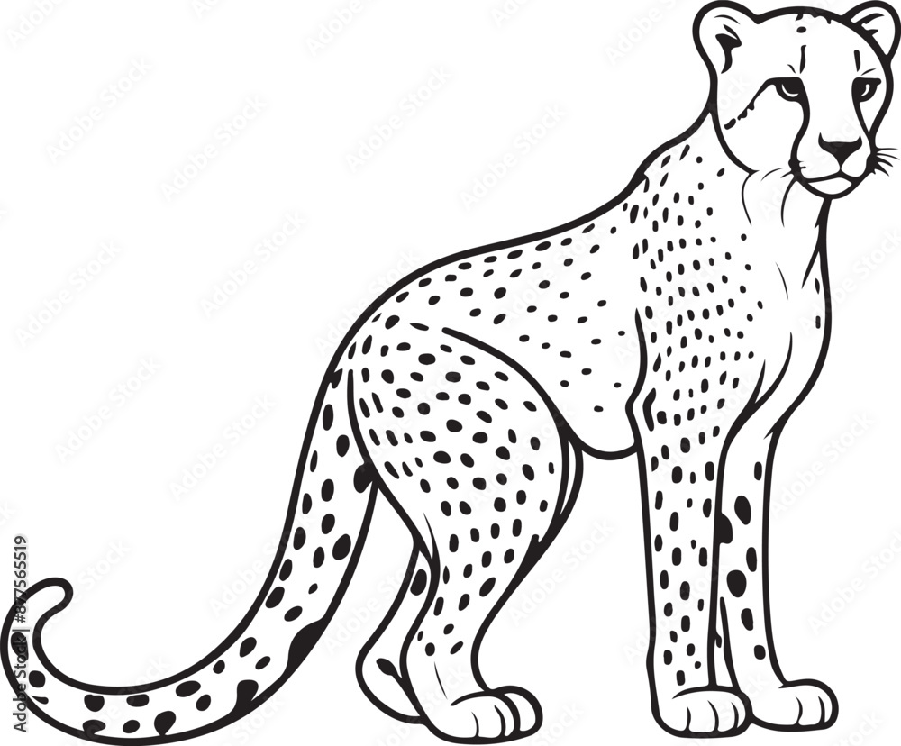 Fototapeta premium Cute cheetah line art illustration icon design, solid white background 