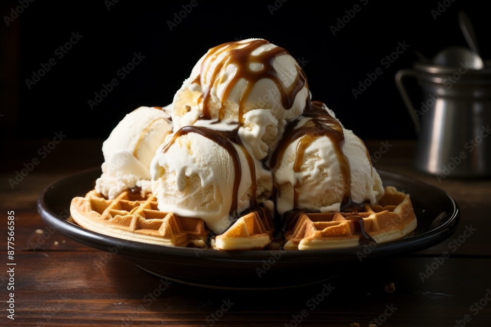 Rich vanilla ice cream scoops on freshly baked waffles, topped with a luscious caramel sauce