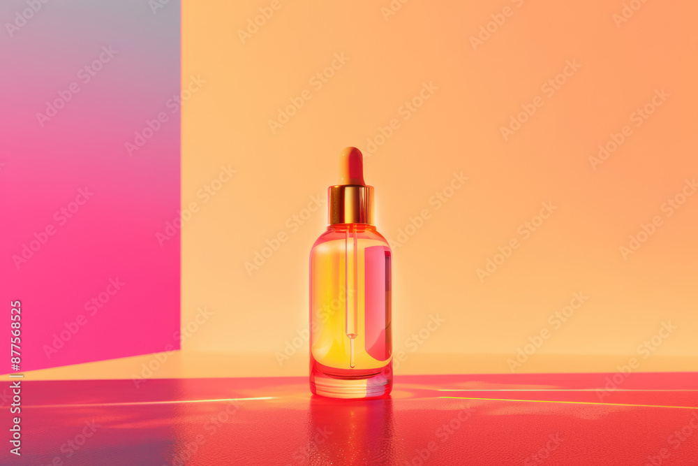 luxury orange and pink serum bottle with dropper on shiny reflective surface against gradient background luxury orange and pink serum bottle with dropper on shiny reflective surface against gradient background